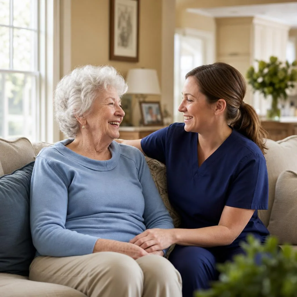 A caregiver sharing a warm moment with an elderly person in their home