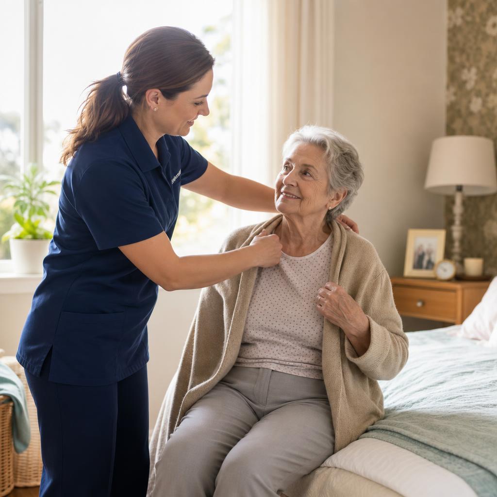 Home care aide assisting an elderly person with daily activities in their home